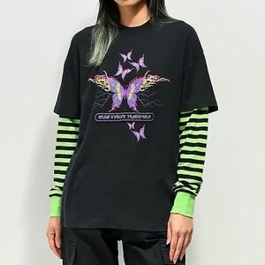 Vitriol Bixie Black & Green Layered Long Sleeve T-Shirt Striped Size Small